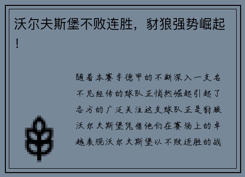 沃尔夫斯堡不败连胜，豺狼强势崛起！